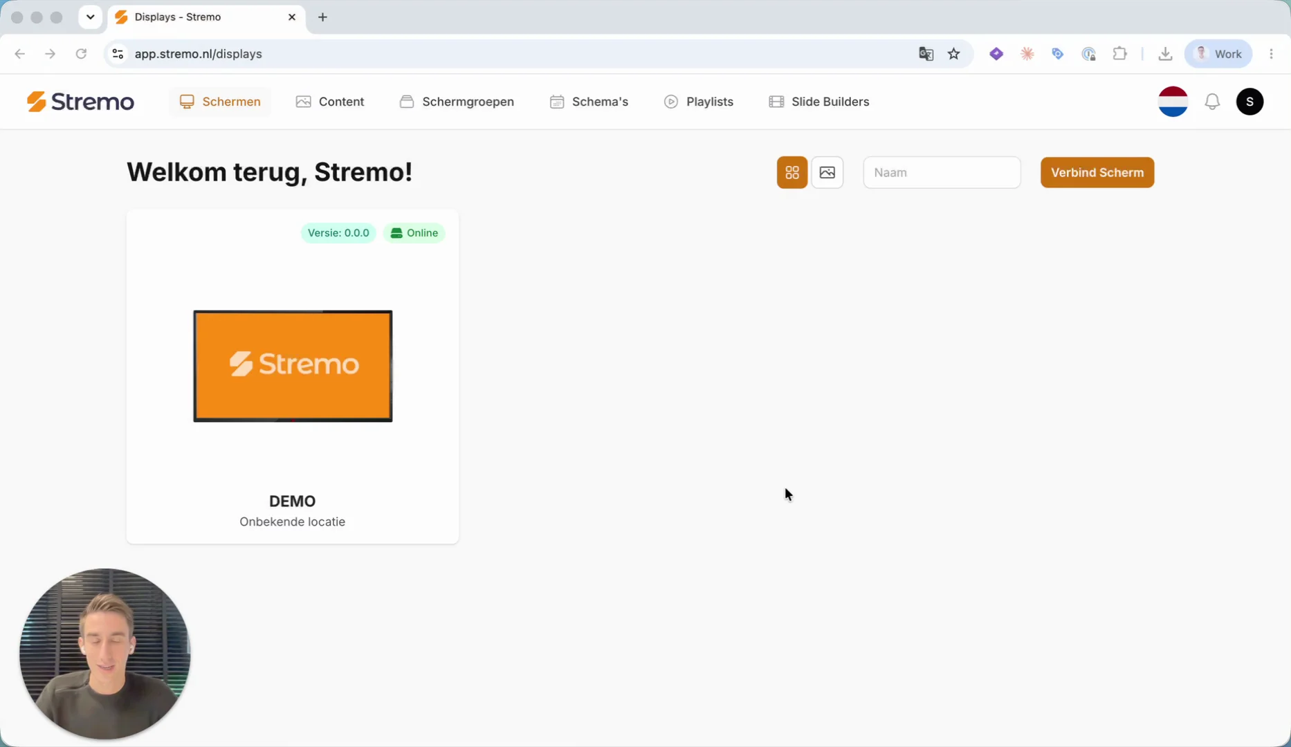 Startscherm van de Stremo narrowcasting-app: schermen centraal beheren